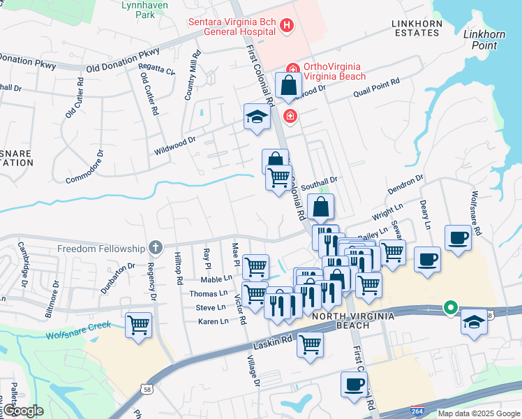 map of restaurants, bars, coffee shops, grocery stores, and more near 924 Glenfield Court in Virginia Beach