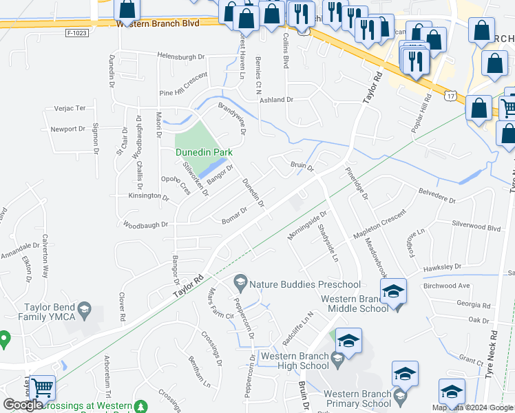 map of restaurants, bars, coffee shops, grocery stores, and more near 3304 Dunedin Drive in Chesapeake