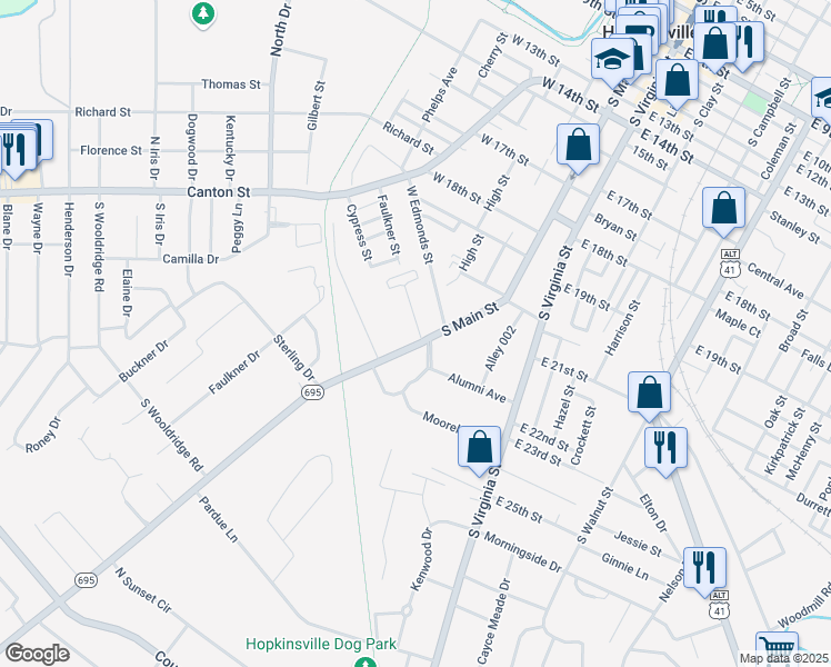 map of restaurants, bars, coffee shops, grocery stores, and more near 2201 South Main Street in Hopkinsville
