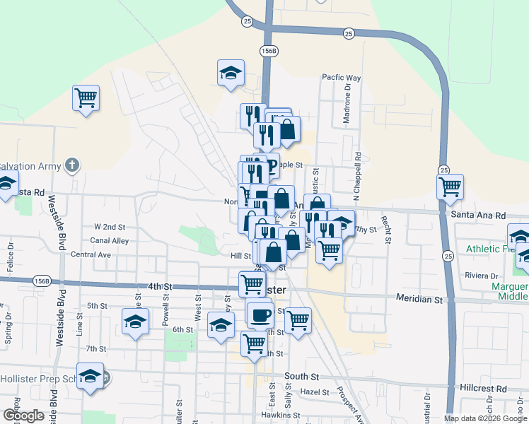map of restaurants, bars, coffee shops, grocery stores, and more near 23 San Benito St in Hollister