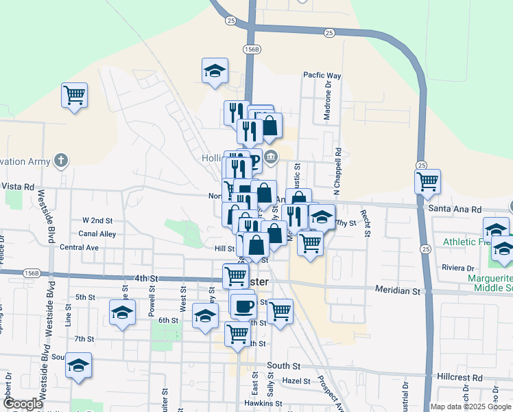 map of restaurants, bars, coffee shops, grocery stores, and more near 28 East Street in Hollister