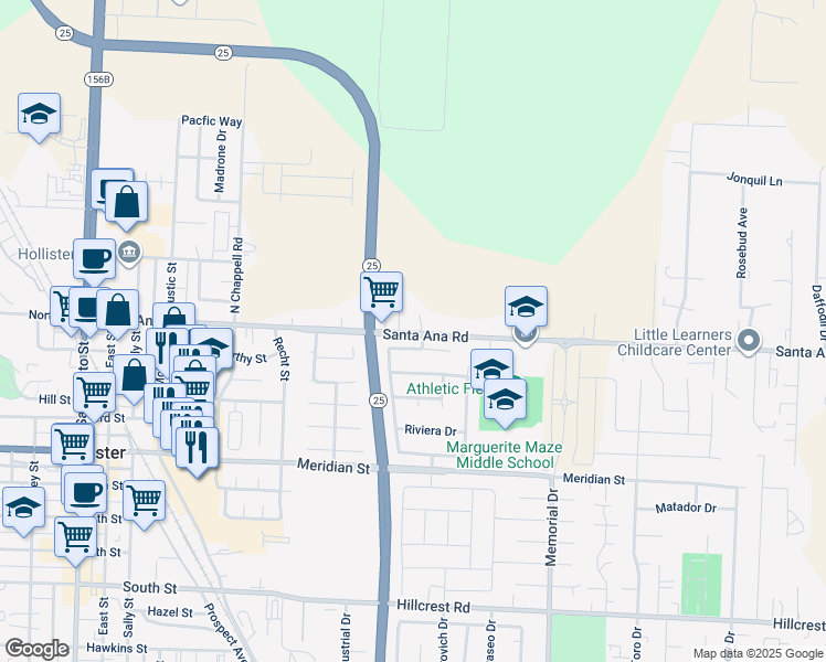 map of restaurants, bars, coffee shops, grocery stores, and more near 690 Santa Ana Road in Hollister