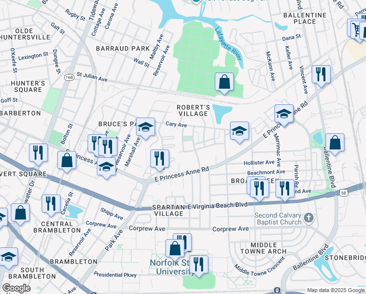 map of restaurants, bars, coffee shops, grocery stores, and more near 1273 Herbert Collins Way in Norfolk