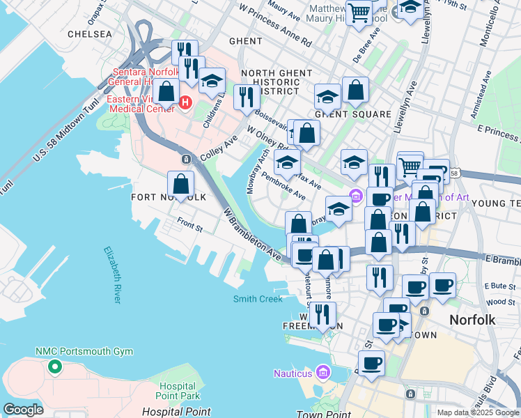 map of restaurants, bars, coffee shops, grocery stores, and more near 524 Mowbray Arch in Norfolk