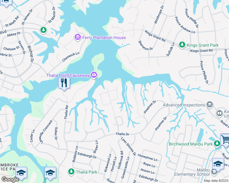 map of restaurants, bars, coffee shops, grocery stores, and more near 616 East Lynn Shores Circle in Virginia Beach