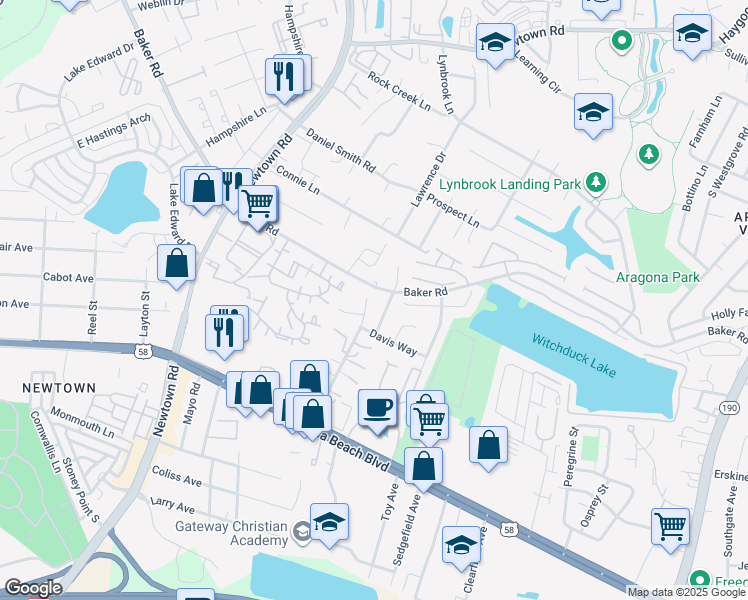 map of restaurants, bars, coffee shops, grocery stores, and more near 576 Davis Street in Virginia Beach