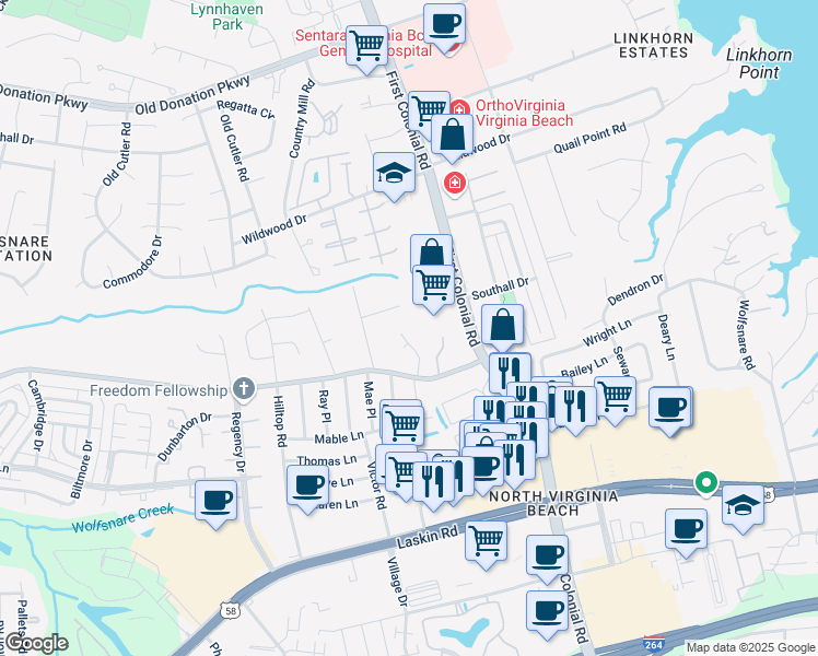 map of restaurants, bars, coffee shops, grocery stores, and more near 924 Glenfield Court in Virginia Beach