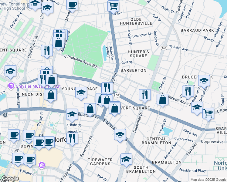 map of restaurants, bars, coffee shops, grocery stores, and more near 758 East Virginia Beach Boulevard in Norfolk