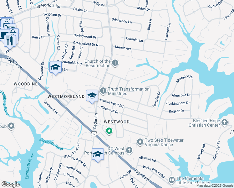 map of restaurants, bars, coffee shops, grocery stores, and more near 3401 Wilshire Road in Portsmouth