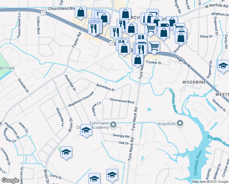 map of restaurants, bars, coffee shops, grocery stores, and more near 4056 Belvedere Drive in Chesapeake