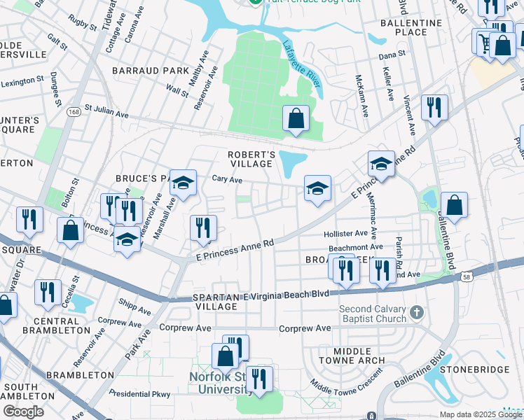 map of restaurants, bars, coffee shops, grocery stores, and more near 2524 Joe Austin Drive in Norfolk