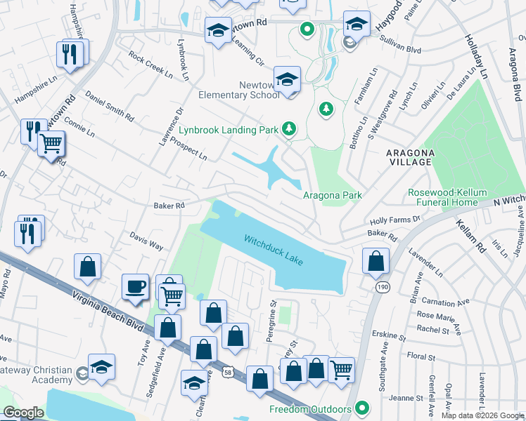 map of restaurants, bars, coffee shops, grocery stores, and more near 5508 Bulls Bay Drive in Virginia Beach