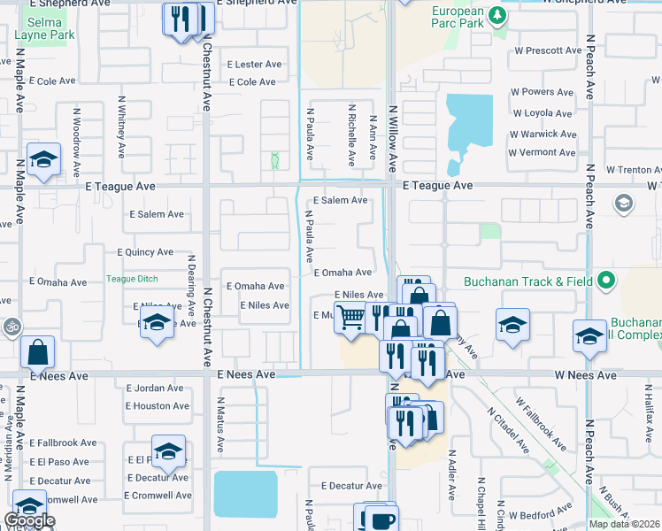 map of restaurants, bars, coffee shops, grocery stores, and more near 2824 East Omaha Avenue in Fresno