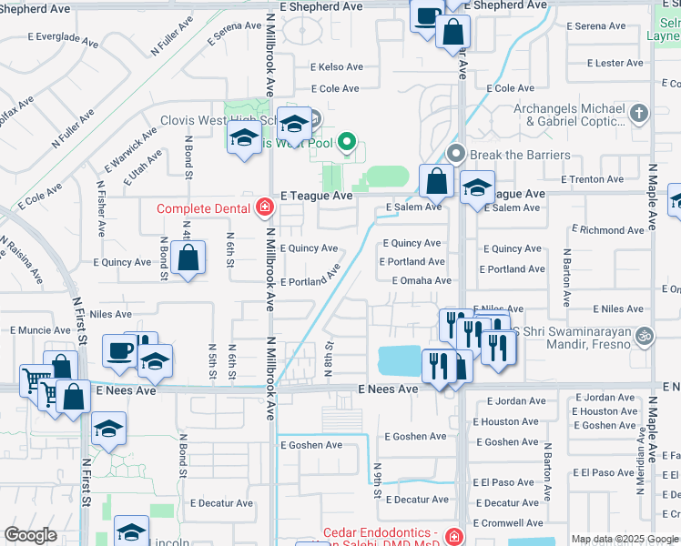 map of restaurants, bars, coffee shops, grocery stores, and more near 1158 East Portland Avenue in Fresno