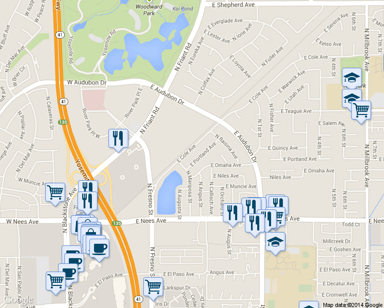 map of restaurants, bars, coffee shops, grocery stores, and more near 161 East Cole Avenue in Fresno
