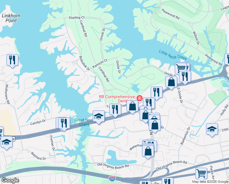 map of restaurants, bars, coffee shops, grocery stores, and more near 809 Cardinal Road in Virginia Beach