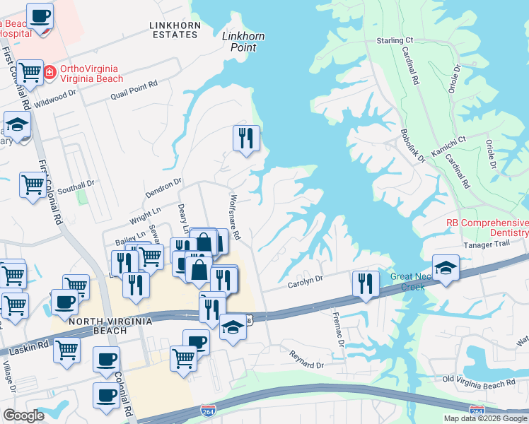 map of restaurants, bars, coffee shops, grocery stores, and more near 901 Winwood Drive in Virginia Beach