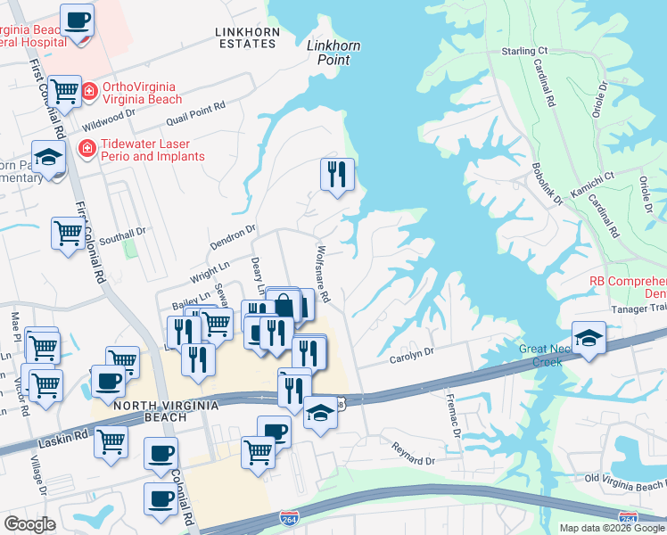 map of restaurants, bars, coffee shops, grocery stores, and more near 1522 Wolfsnare Road in Virginia Beach