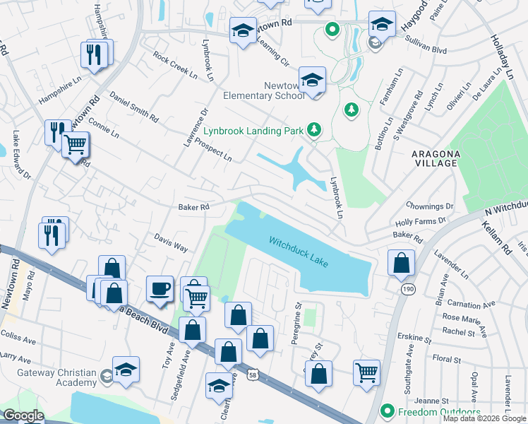 map of restaurants, bars, coffee shops, grocery stores, and more near 5549 Bulls Bay Drive in Virginia Beach