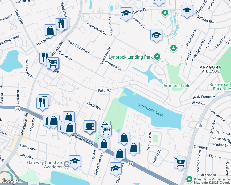 map of restaurants, bars, coffee shops, grocery stores, and more near 5429 Trumpet Vine Court in Virginia Beach