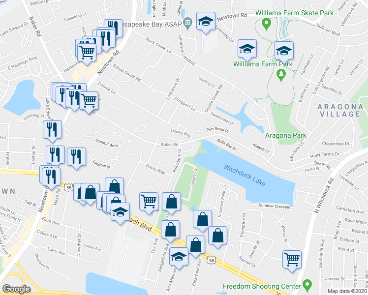 map of restaurants, bars, coffee shops, grocery stores, and more near 5417 Trumpet Vine Court in Virginia Beach