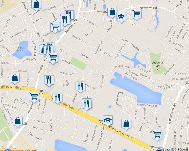 map of restaurants, bars, coffee shops, grocery stores, and more near 5525 Maple Cluster Court in Virginia Beach