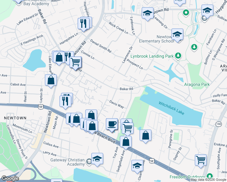 map of restaurants, bars, coffee shops, grocery stores, and more near 645 Aubrey Drive in Virginia Beach