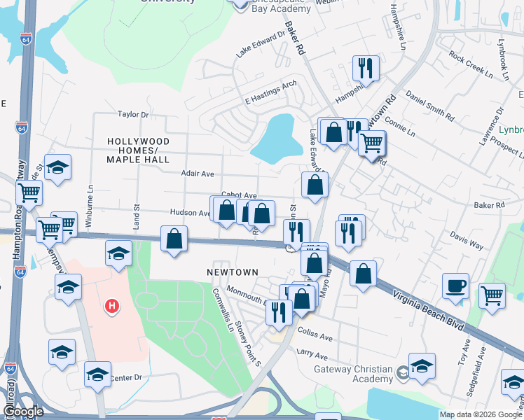 map of restaurants, bars, coffee shops, grocery stores, and more near 6613 Cabot Avenue in Norfolk
