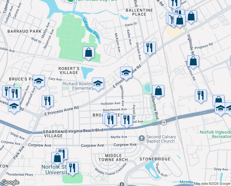 map of restaurants, bars, coffee shops, grocery stores, and more near 2832 Merrimac Court in Norfolk