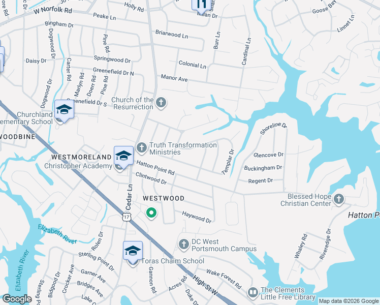 map of restaurants, bars, coffee shops, grocery stores, and more near 4812 Templar Drive in Portsmouth