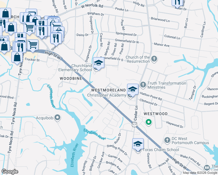 map of restaurants, bars, coffee shops, grocery stores, and more near 3336 Clover Hill Drive in Portsmouth