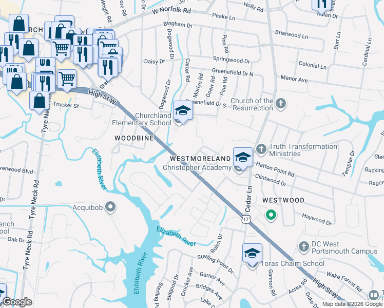map of restaurants, bars, coffee shops, grocery stores, and more near 3336 Clover Hill Drive in Portsmouth