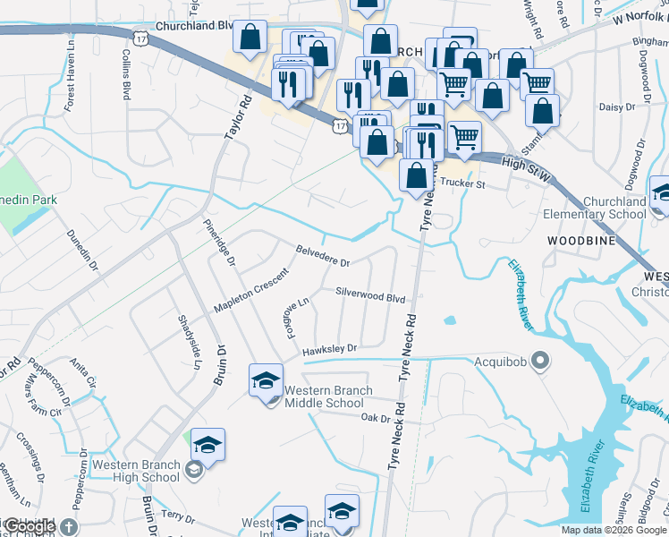 map of restaurants, bars, coffee shops, grocery stores, and more near 3332 Elmsford Place in Chesapeake