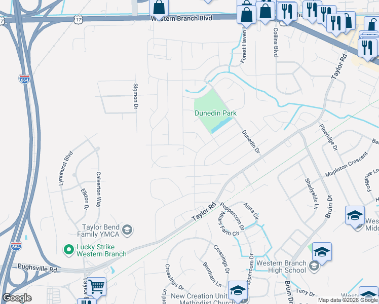 map of restaurants, bars, coffee shops, grocery stores, and more near 3305 Kinsington Drive in Chesapeake