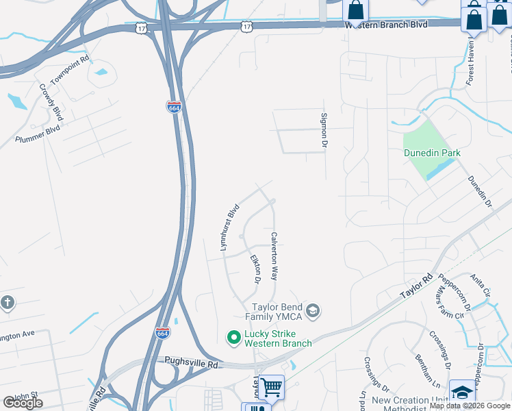 map of restaurants, bars, coffee shops, grocery stores, and more near 3363 Lynnhurst Boulevard in Chesapeake