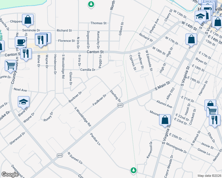 map of restaurants, bars, coffee shops, grocery stores, and more near 2502 Faulkner Drive in Hopkinsville