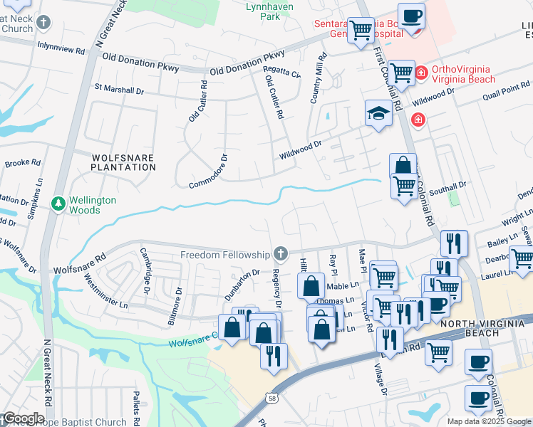 map of restaurants, bars, coffee shops, grocery stores, and more near 924 Mountain Laurel Trail in Virginia Beach
