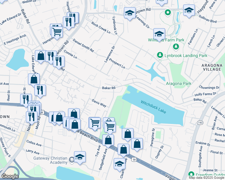 map of restaurants, bars, coffee shops, grocery stores, and more near 5501 Maple Cluster Court in Virginia Beach
