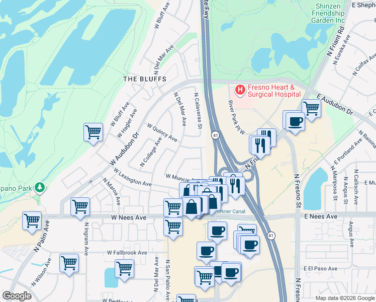 map of restaurants, bars, coffee shops, grocery stores, and more near 185 West Portland Avenue in Fresno