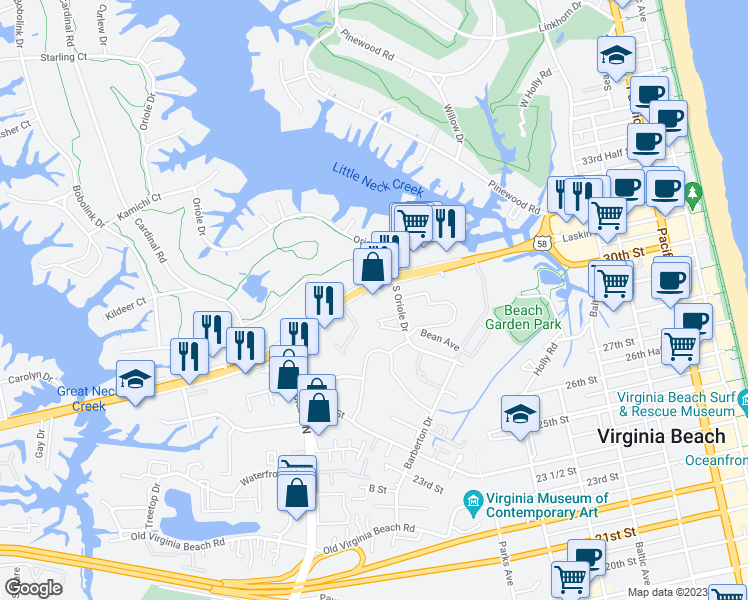 map of restaurants, bars, coffee shops, grocery stores, and more near 1017 Laskin Road in Virginia Beach