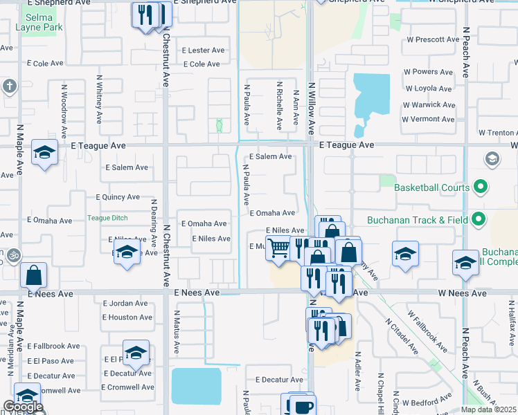 map of restaurants, bars, coffee shops, grocery stores, and more near 2806 East Omaha Avenue in Fresno