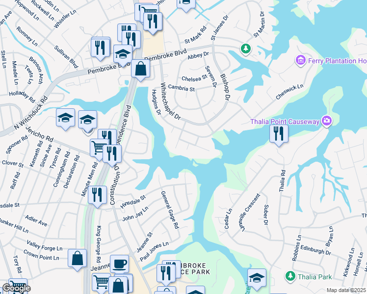 map of restaurants, bars, coffee shops, grocery stores, and more near 609 Sheffield Court in Virginia Beach