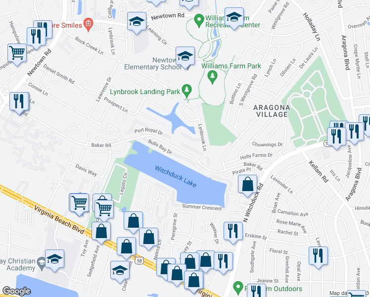 map of restaurants, bars, coffee shops, grocery stores, and more near 5457 Kiawah Court in Virginia Beach