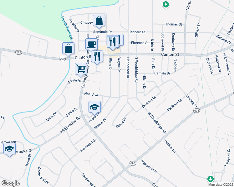 map of restaurants, bars, coffee shops, grocery stores, and more near 401-499 Wayne Drive in Hopkinsville