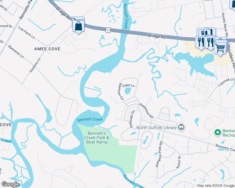 map of restaurants, bars, coffee shops, grocery stores, and more near 3418 Raintree Circle in Suffolk