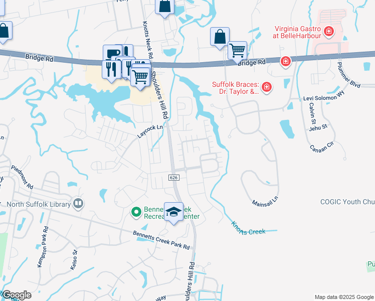 map of restaurants, bars, coffee shops, grocery stores, and more near 914 Vineyard Place in Suffolk