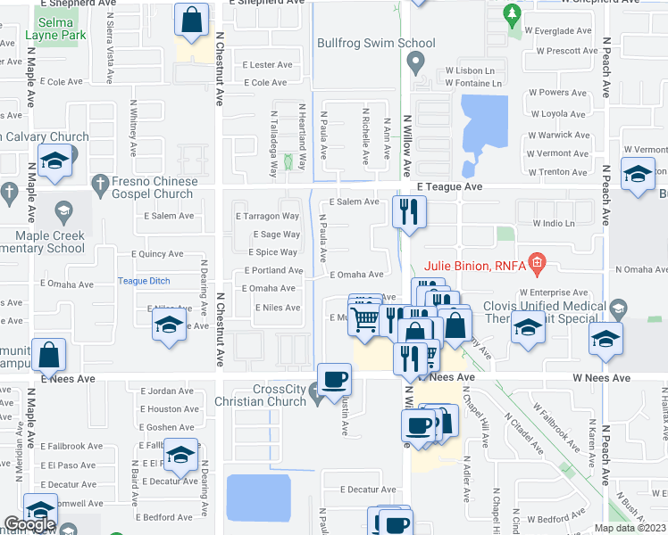 map of restaurants, bars, coffee shops, grocery stores, and more near 2788 East Omaha Avenue in Fresno