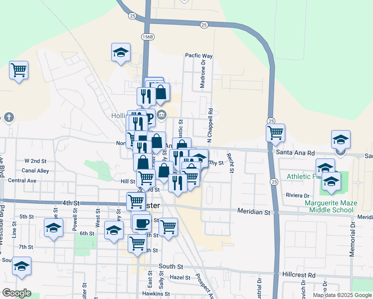 map of restaurants, bars, coffee shops, grocery stores, and more near 181 Santa Ana Road in Hollister