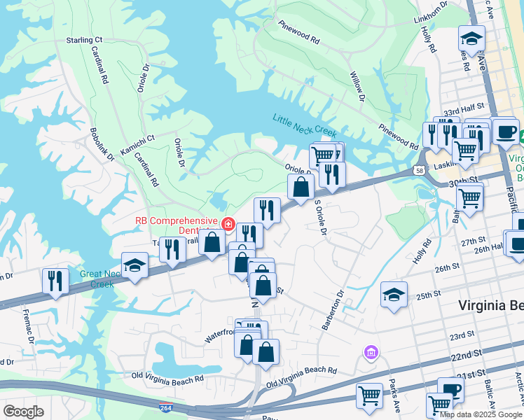 map of restaurants, bars, coffee shops, grocery stores, and more near 1064 Laskin Road in Virginia Beach