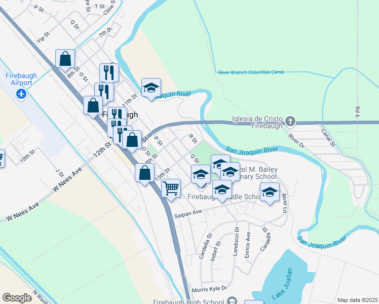 map of restaurants, bars, coffee shops, grocery stores, and more near 1691 Q Street in Firebaugh